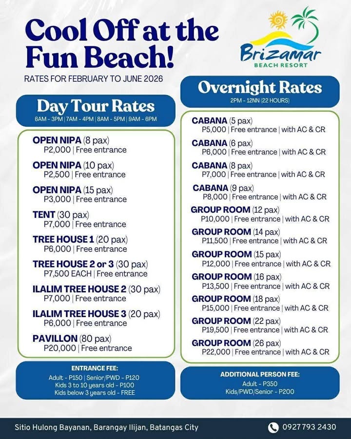 Brizamar Beach Resort rates flyer for February to June 2026 — day tour and overnight rates, entrance and additional person fees